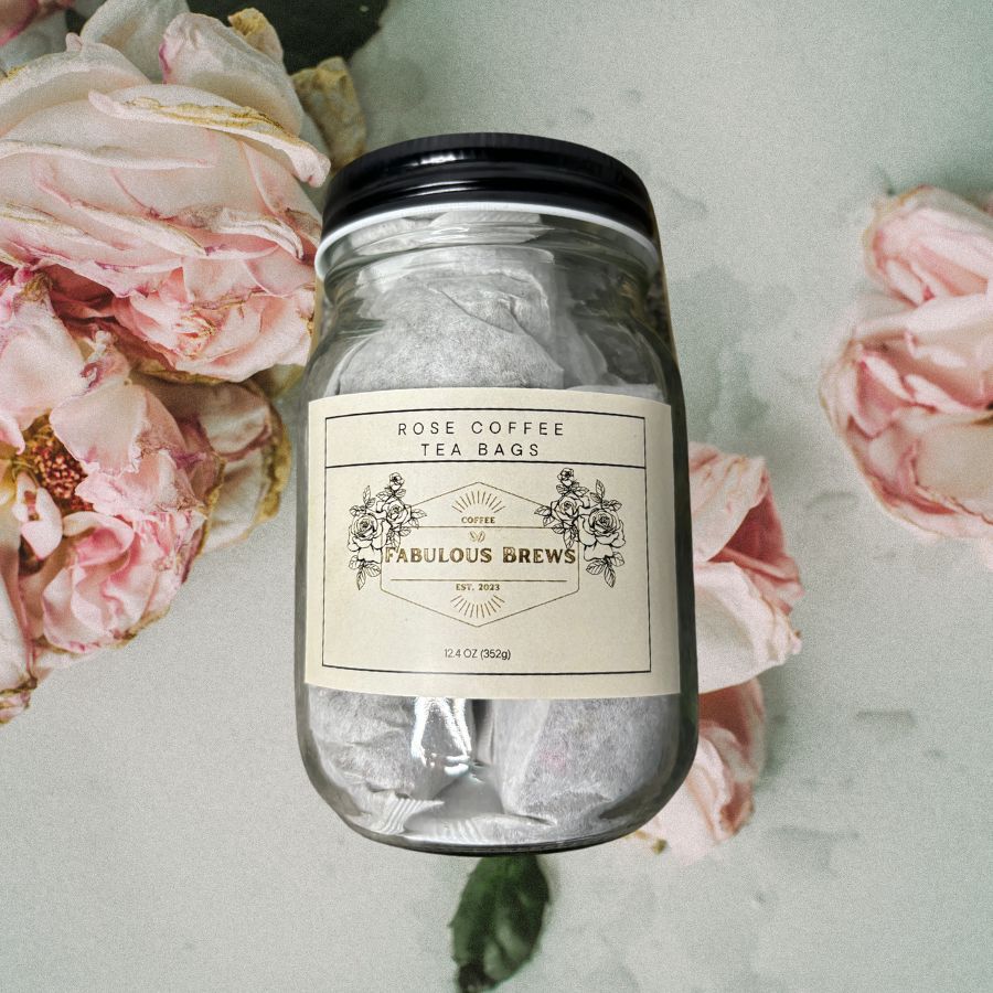 Rose Coffee Tea Bag Jar | 5 Bags | Real Rose Flower | Coffee Steep Bags | Single Serve Coffee Bag | Pre-Made Coffee Filters | Made in Small Batches