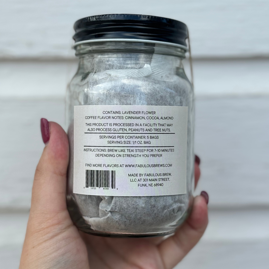 Lavender Coffee Tea Bag Jar | 5 Bags | Real Lavender Flower | Coffee Steep Bags | Single Serve Coffee Bag | Pre-Made Coffee Filters | Made in Small Batches